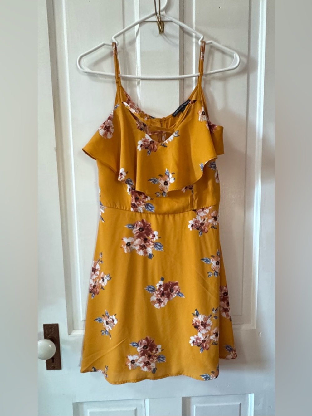 Three Hearts Mustard Floral Ruffle Mini Dress